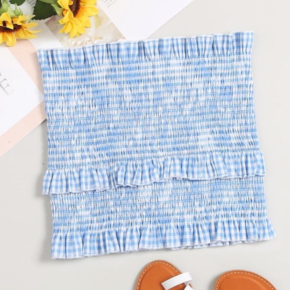 Gingham Shirred Ruffle Trim Top